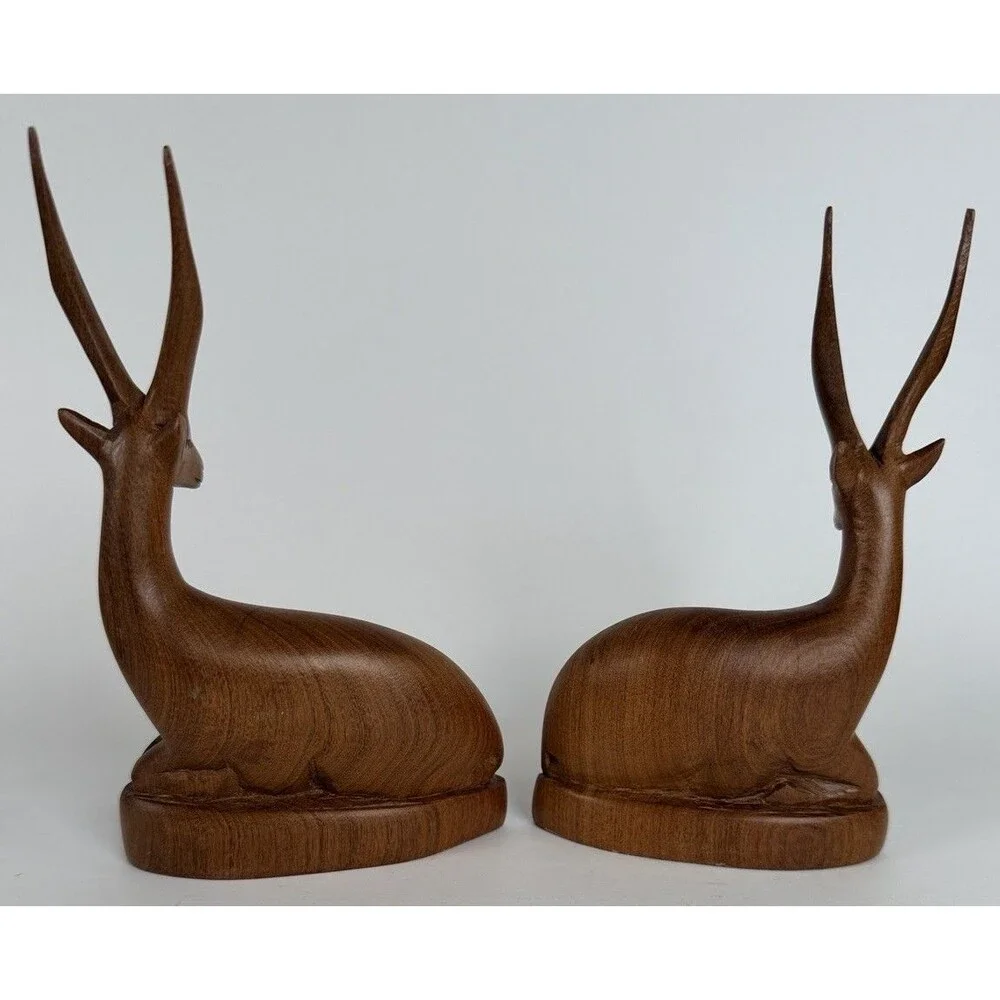 Mid Century Hand Carved Teak Wood Antelope Gazelles Figurines Pair MCM Vintage ￼